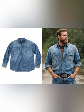 Harley Davidson Denim Snap Shirt XL‎ Embroidered Logo Biker Western Distressed